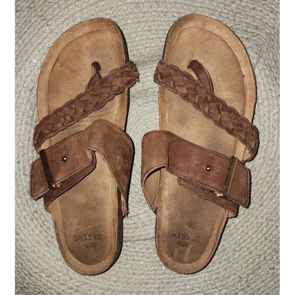 Earth Origins Braided Print Toe-Post Sandals Onida Brown BarkSuede Sz 9 Comfort - Picture 1 of 7